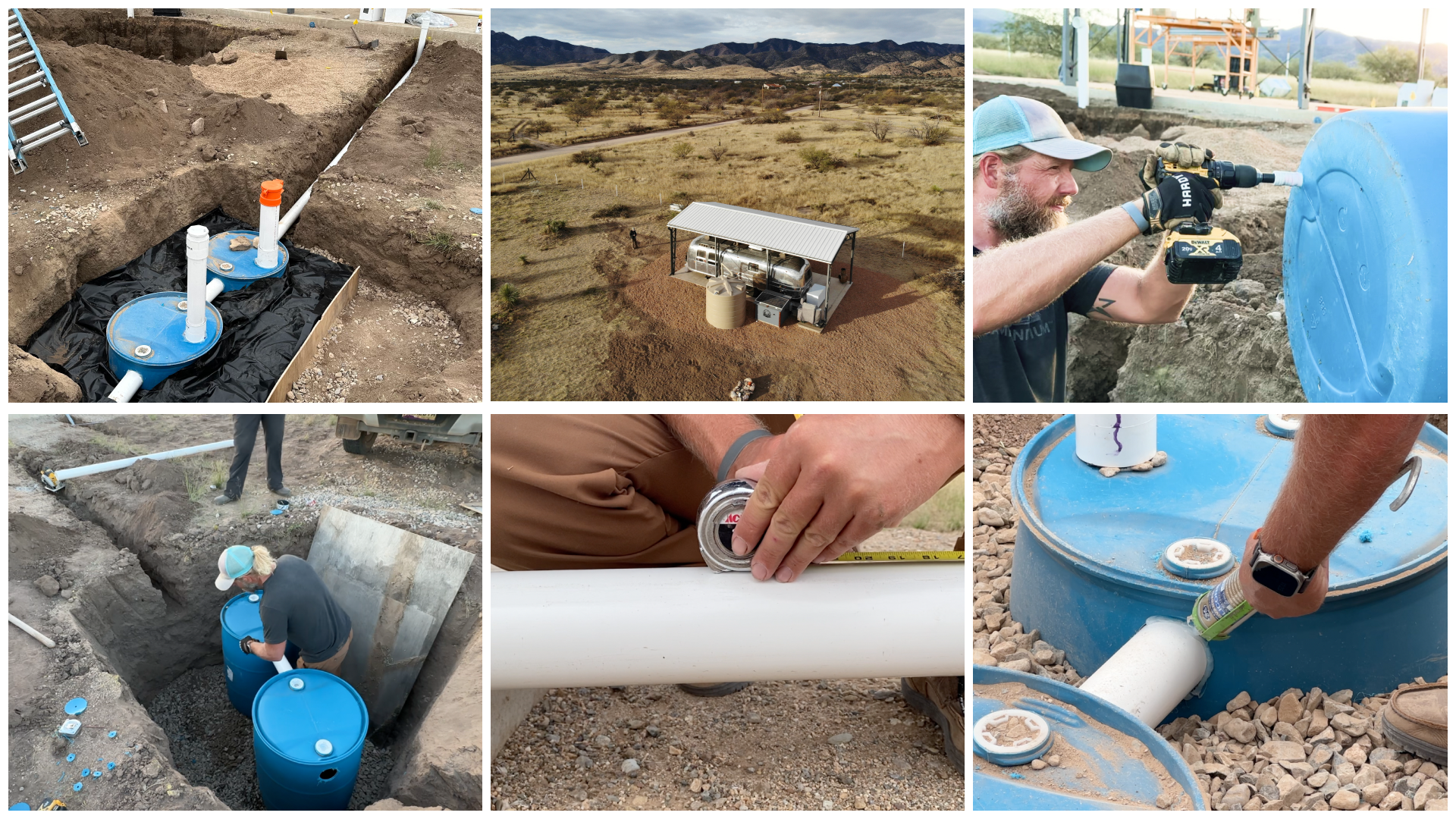 Grid of images showing septic installation